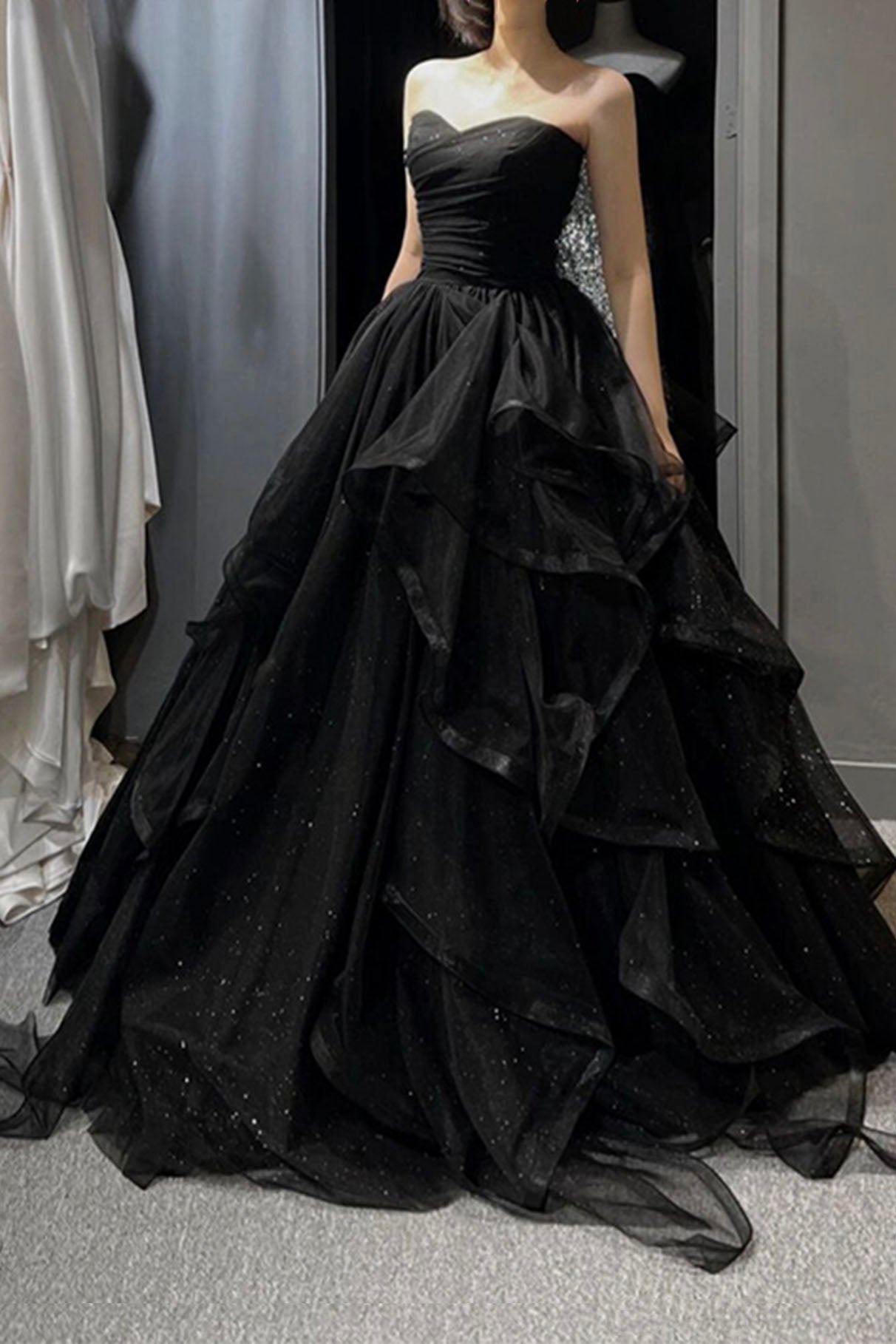 Black Tulle Layers Long A-Line Formal Prom Dresses, Black Strapless Formal Evening Dresses Main image