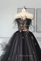 Black Tulle Long Formal Prom Dresses, Black A-Line Strapless Evening Dresses