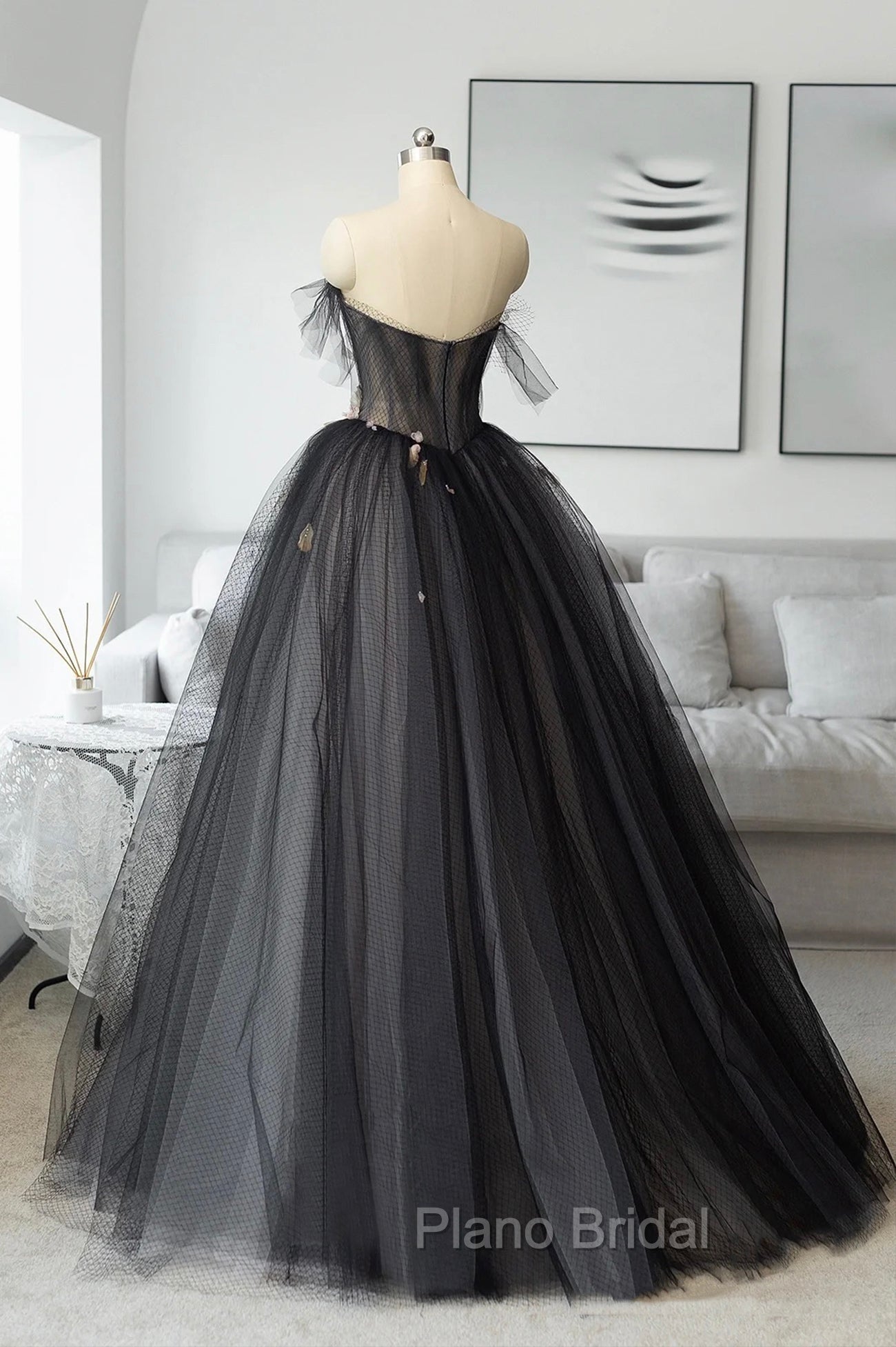 Black Tulle Long Formal Prom Dresses, Black A-Line Strapless Evening Dresses