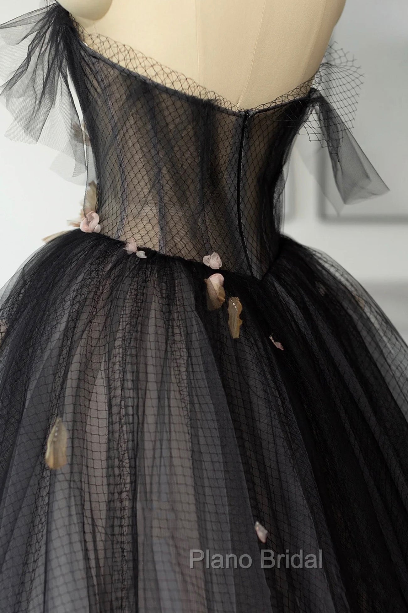 Black Tulle Long Formal Prom Dresses, Black A-Line Strapless Evening Dresses