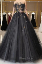 Black Tulle Long Formal Prom Dresses, Black A-Line Strapless Evening Dresses