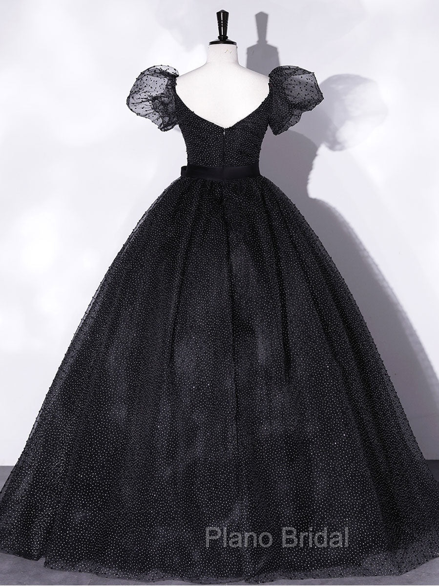Black Tulle Long Formal Prom Dresses, Black Puff Sleeves Long Sweet 16 Dresses Secondary image