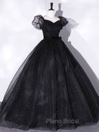 Black Tulle Long Formal Prom Dresses, Black Puff Sleeves Long Sweet 16 Dresses