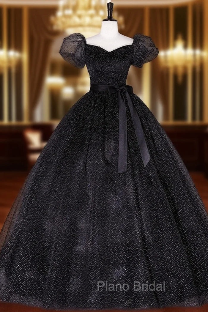 Black Tulle Long Formal Prom Dresses, Black Puff Sleeves Long Sweet 16 Dresses Main image