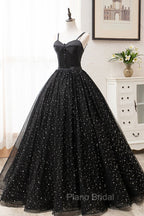Black Tulle Long Formal Prom Dresses, Black Spaghetti Straps Formal Evening Gown