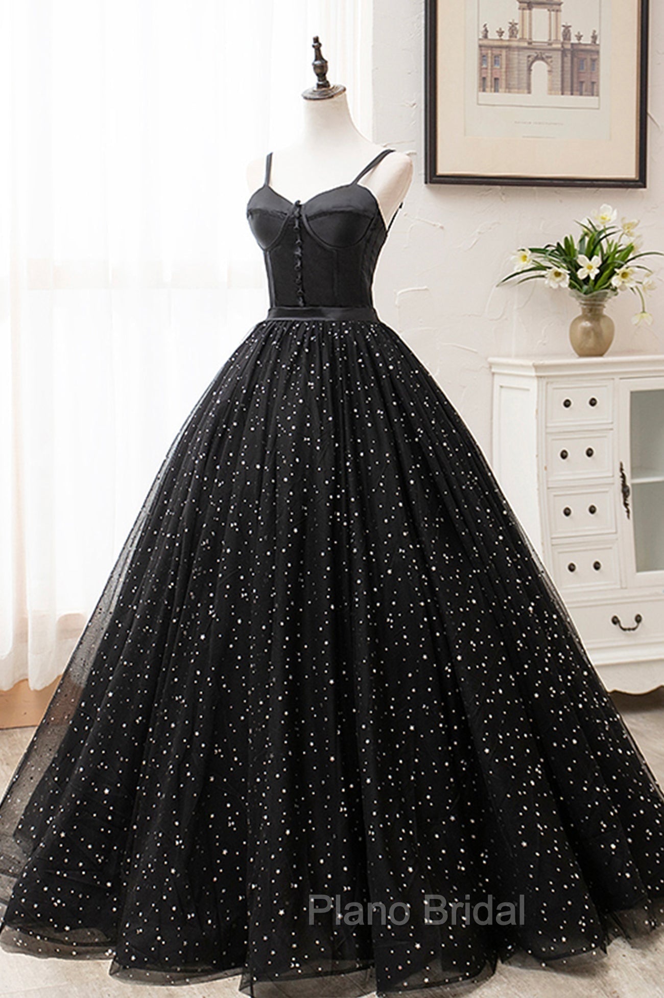 Black Tulle Long Formal Prom Dresses, Black Spaghetti Straps Formal Evening Gown