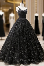 Black Tulle Long Formal Prom Dresses, Black Spaghetti Straps Formal Evening Gown