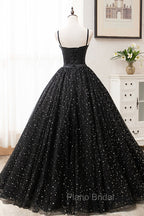 Black Tulle Long Formal Prom Dresses, Black Spaghetti Straps Formal Evening Gown