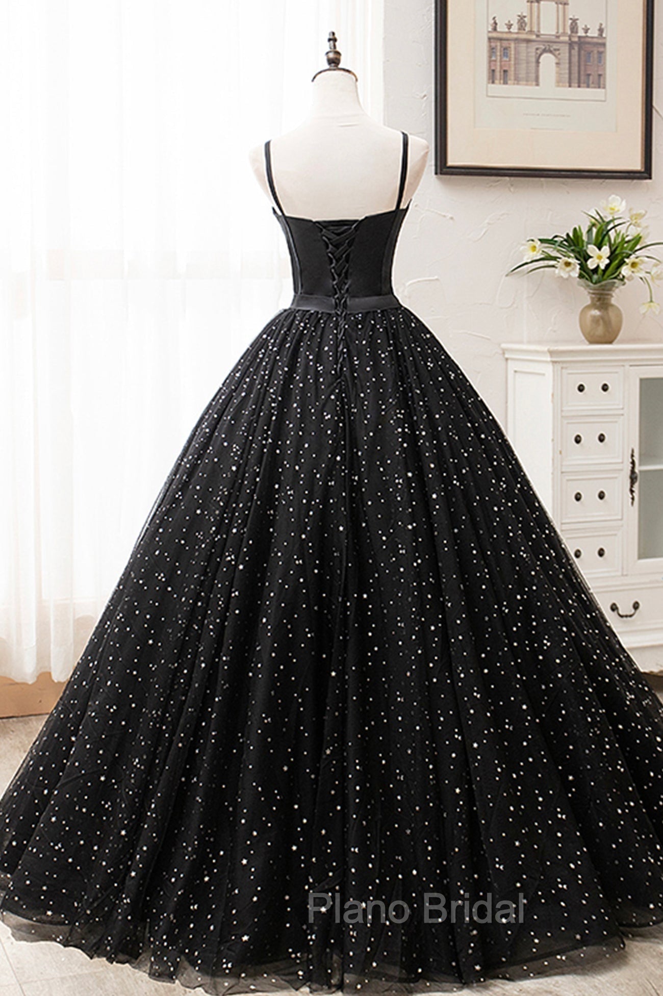 Black Tulle Long Formal Prom Dresses, Black Spaghetti Straps Formal Evening Gown