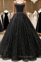 Black Tulle Long Formal Prom Dresses, Black Spaghetti Straps Formal Evening Gown