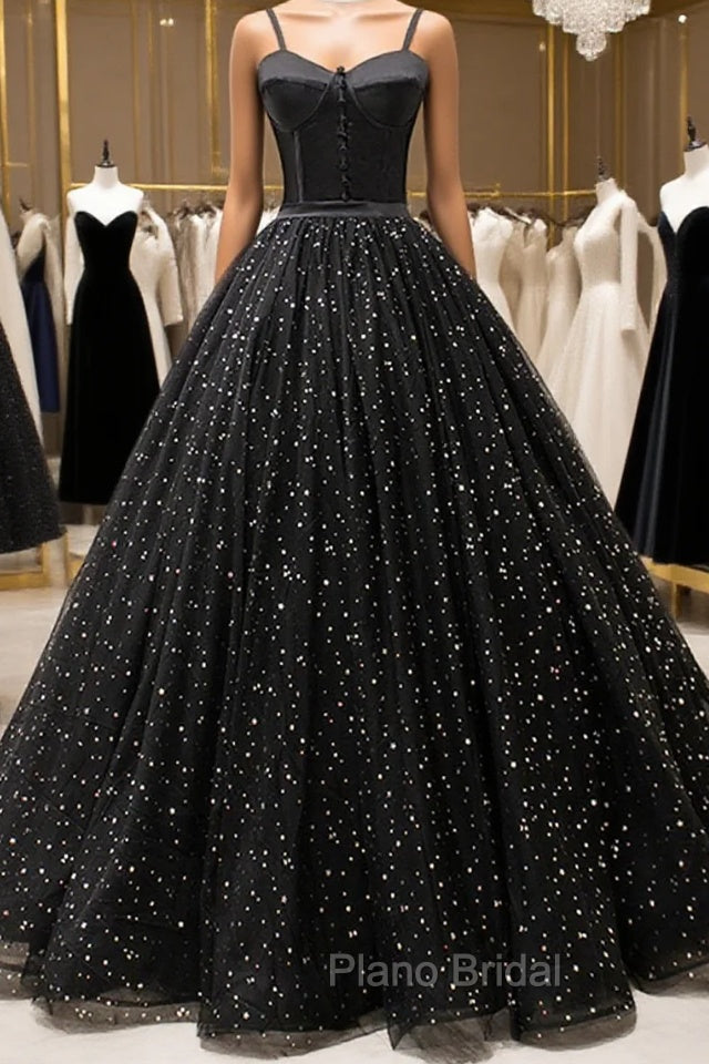 Black Tulle Long Formal Prom Dresses, Black Spaghetti Straps Formal Evening Gown Main image