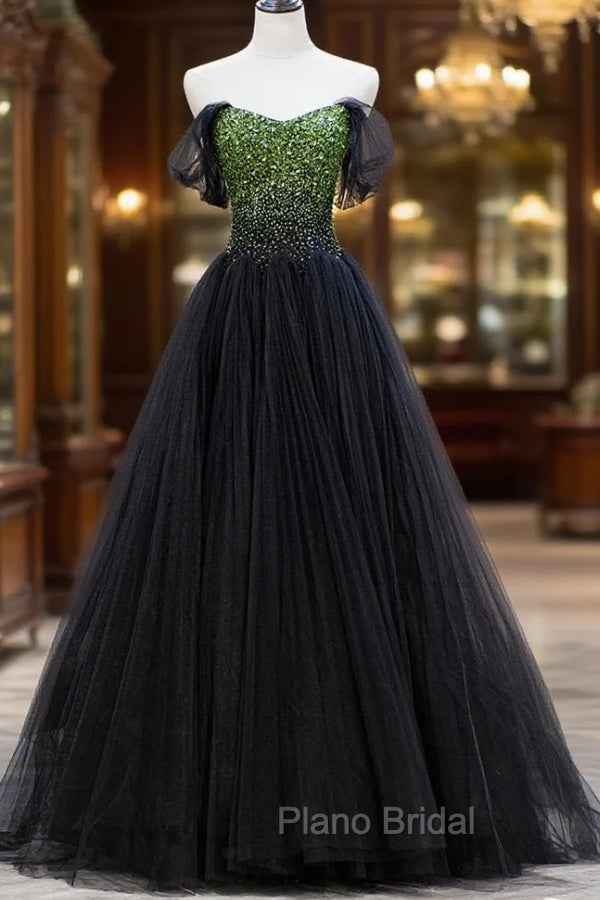 Black Tulle Long Formal Prom Dresses with Beaded, Off the Shoulder Formal Evening Dresses