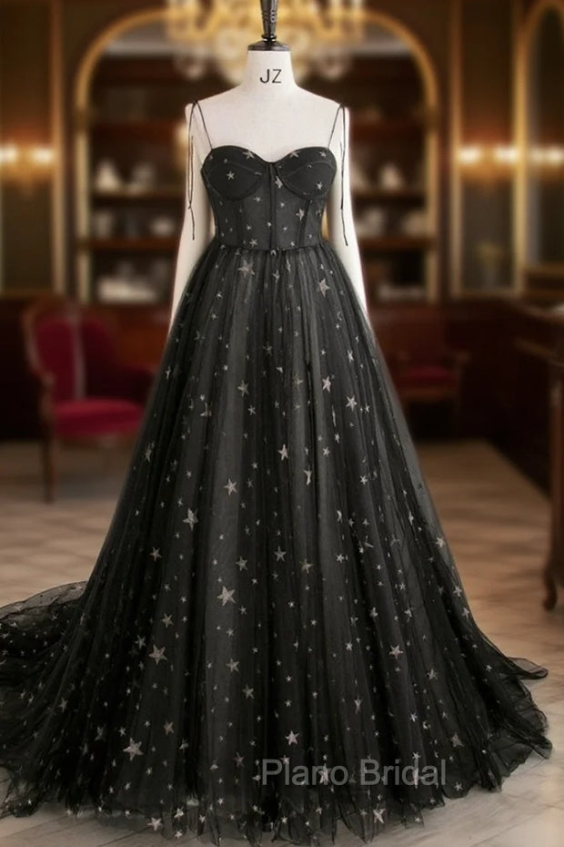 Black Tulle Long Formal Prom Dresses with Stars, Cute Spaghetti Straps Graduation Dresses Secondary image