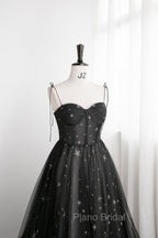 Black Tulle Long Formal Prom Dresses with Stars, Cute Spaghetti Straps Graduation Dresses