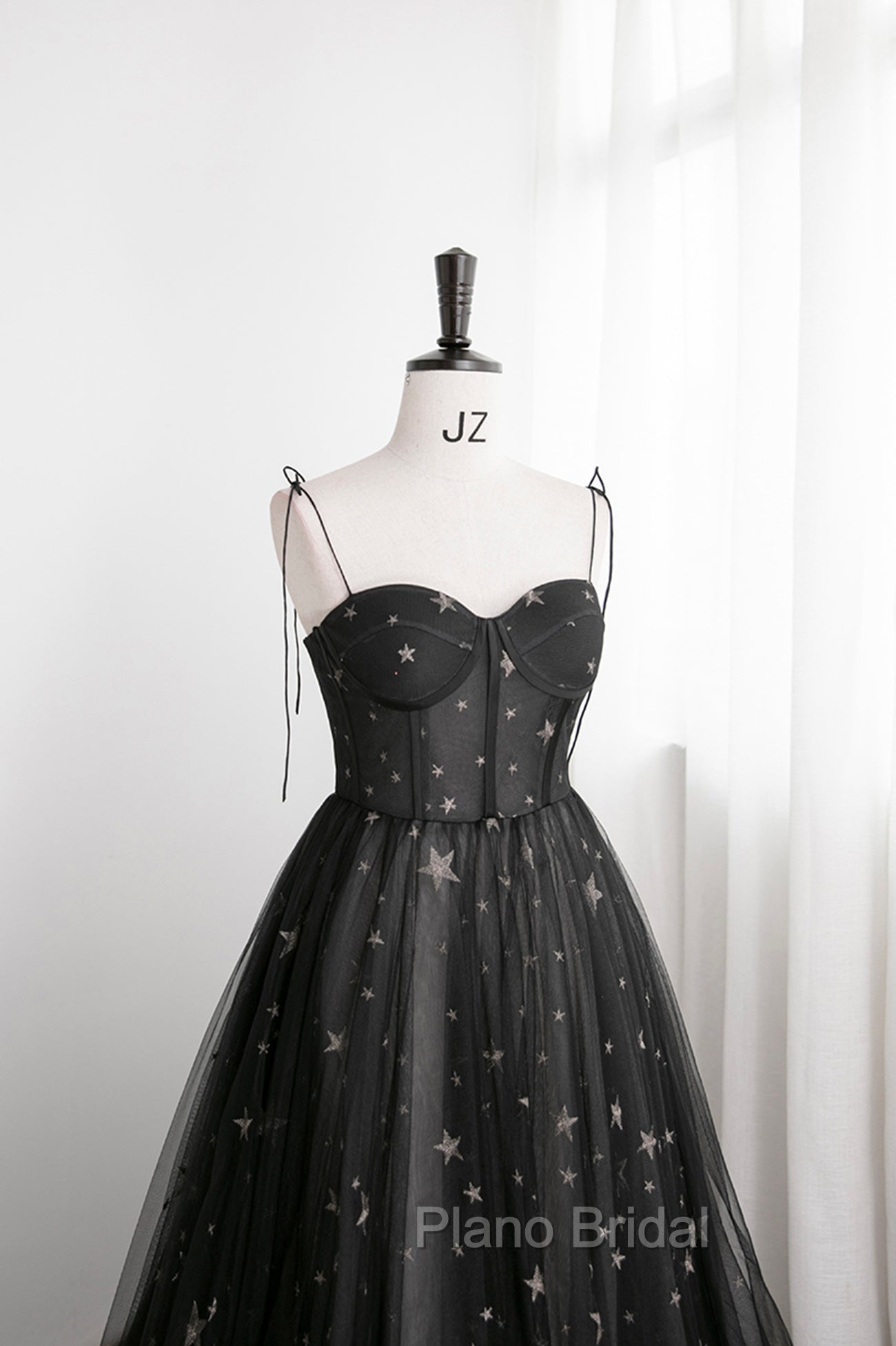 Black Tulle Long Formal Prom Dresses with Stars, Cute Spaghetti Straps Graduation Dresses