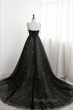 Black Tulle Long Formal Prom Dresses with Stars, Cute Spaghetti Straps Graduation Dresses