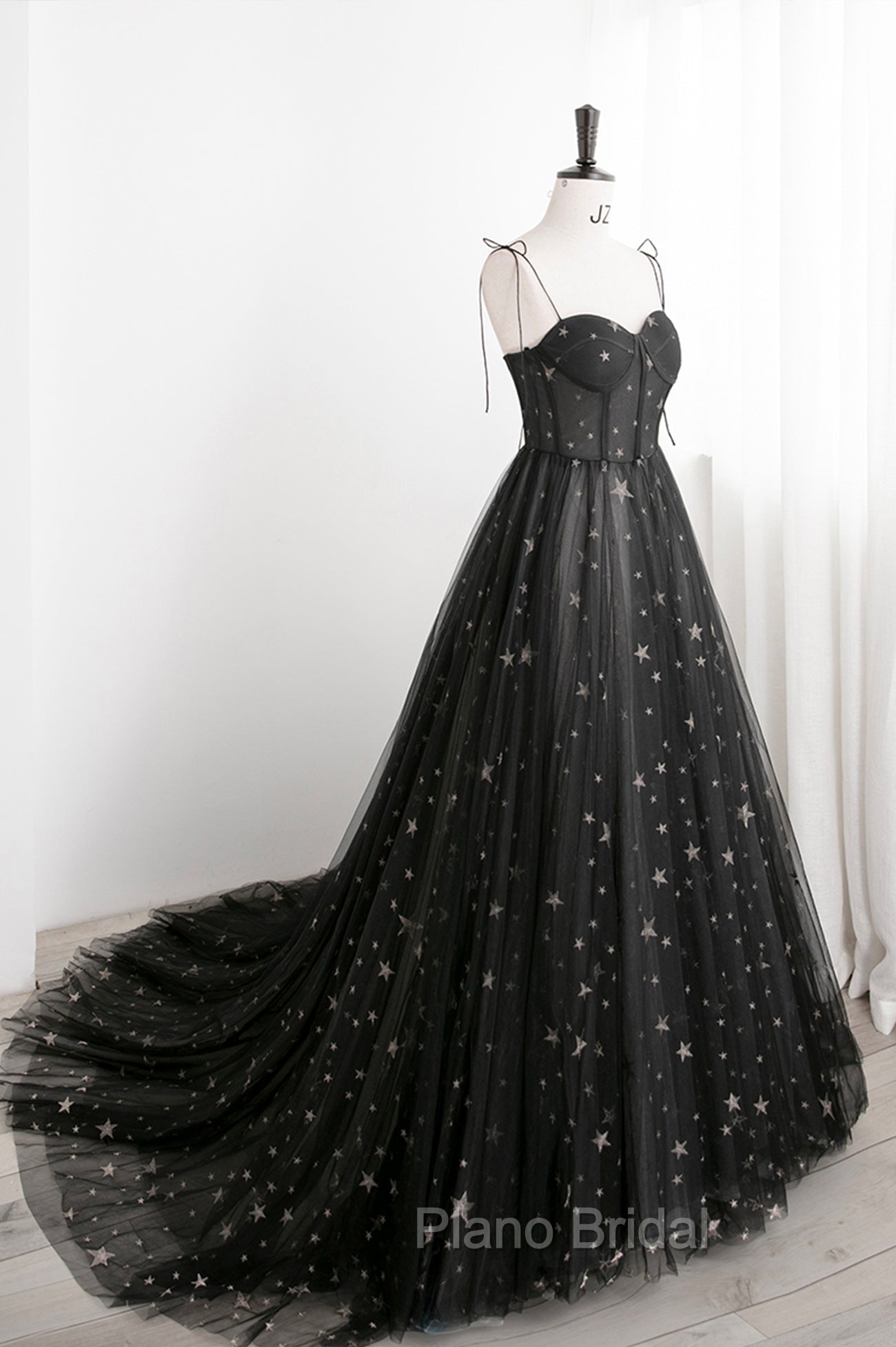 Black Tulle Long Formal Prom Dresses with Stars, Cute Spaghetti Straps Graduation Dresses