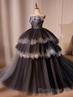 Black Tulle Long Formal Prom Gown, Black Tulle Formal Dresses