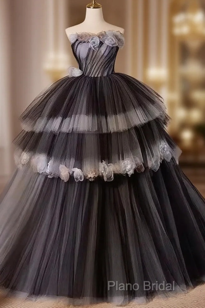Black Tulle Long Formal Prom Gown, Black Tulle Formal Dresses Main image