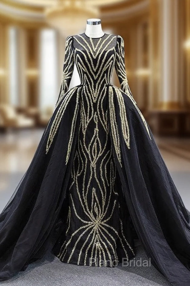 Black Tulle Mermaid Long Sleeve Beading Sequins Formal Prom Dresses With Detachable Train Main image
