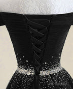 Black Tulle Off Shoulder Beaded Party Dress , Black New Dress for Party