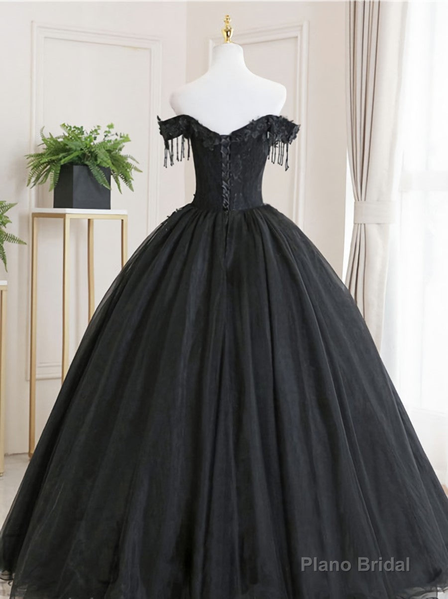 Black Tulle Off Shoulder Lace Long Prom Dress, Black Evening Dress Main image