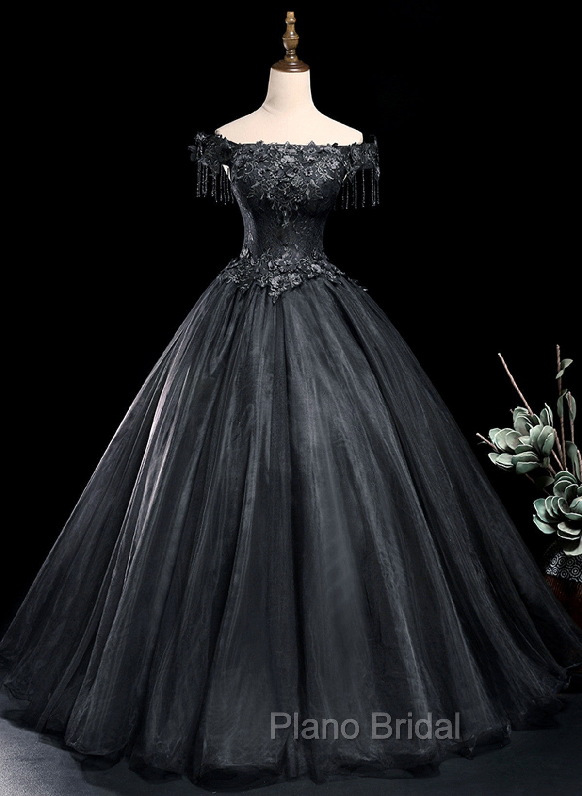 Black Tulle Off Shoulder with Lace Applique Party Dresses, Black Tulle Long Sweet 16 Dresses Main image