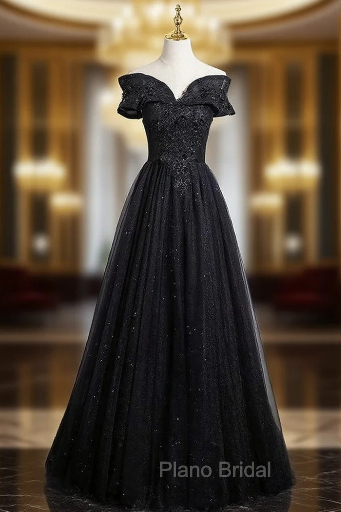 Black Tulle Off the Shoulder Appliques Formal Prom Dresses