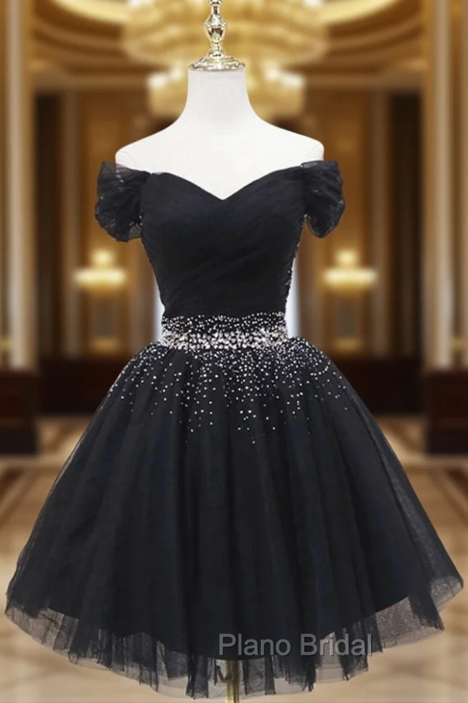 Black Tulle Off the Shoulder Pleats Beading Homeocming Dresses