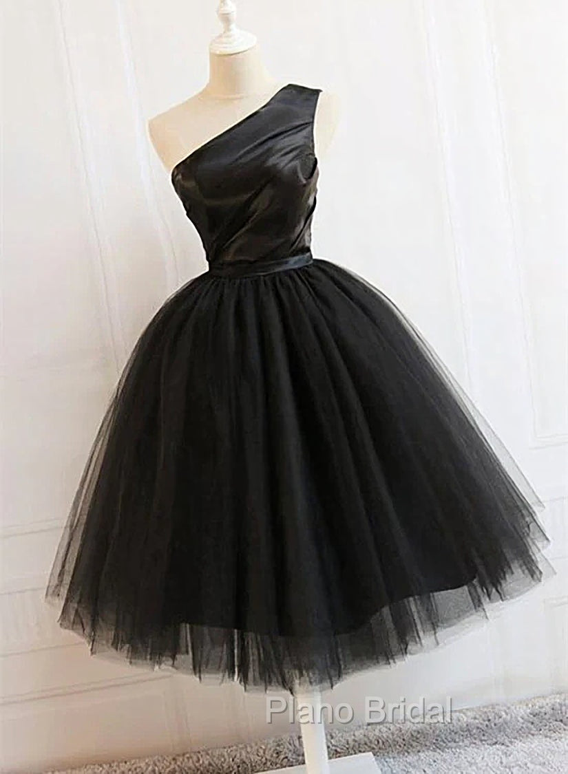 Black Tulle One Shoulder Elegant Tea Length Party Dresses, Black Formal Dresses Secondary image