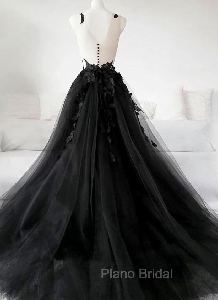 Black Tulle Party Dresses with Lace Long Formal Prom Dresses, Pretty Black Evening Dresses Secondary image