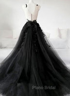 Black Tulle Party Dresses with Lace Long Formal Prom Dresses, Pretty Black Evening Dresses