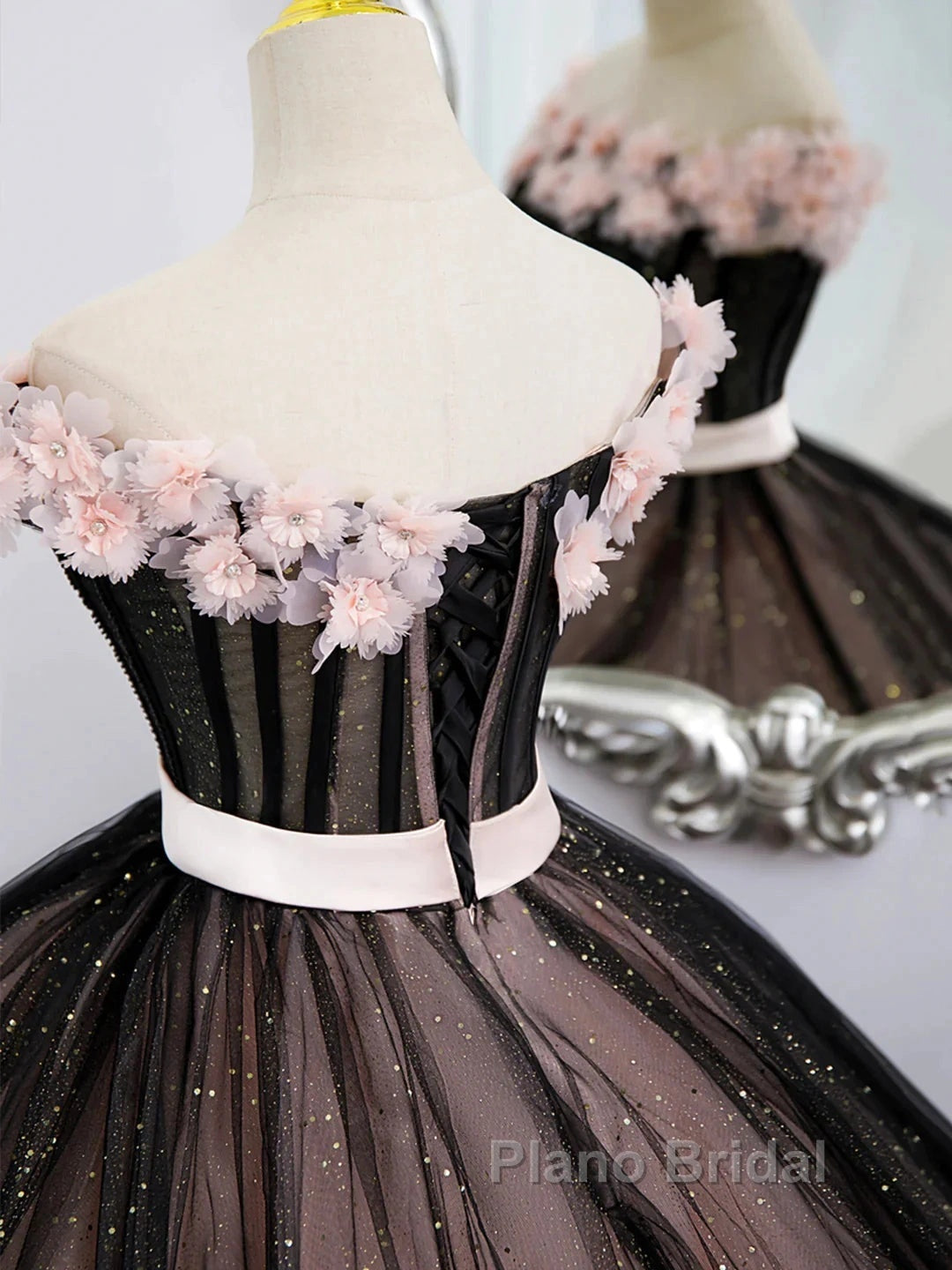Black Tulle & Pink Flowers Sparkle Formal Prom Dresses