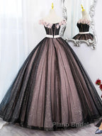 Black Tulle & Pink Flowers Sparkle Formal Prom Dresses