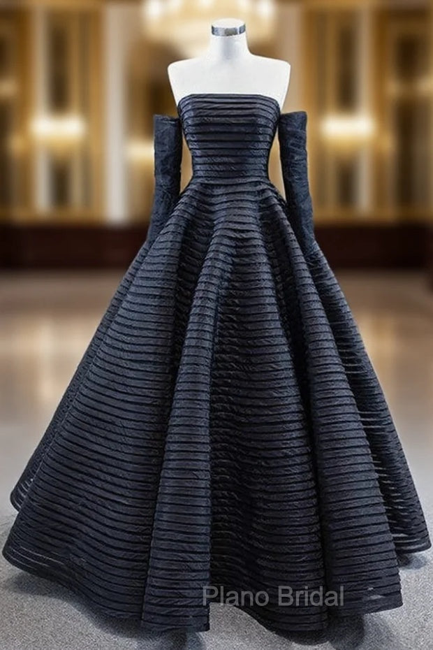 Black Tulle Pleats Strapless Formal Prom Dresses With Detachable Sleeve Main image