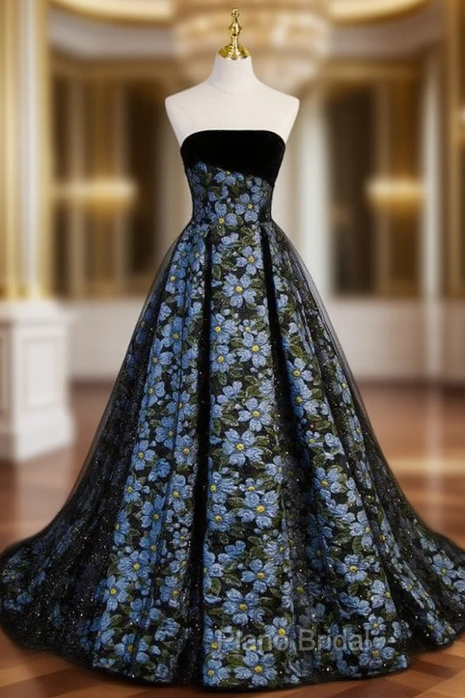 Black Tulle Print Strapless Formal Prom Dresses Main image