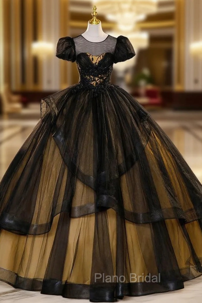 Black Tulle Puff Sleeve Appliques Beading Quinceanera Dresses Main image