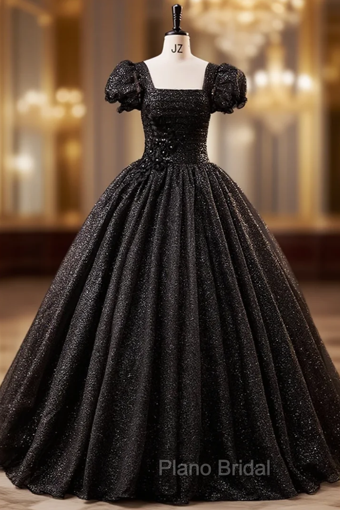 Black Tulle Puff Sleeve Appliques Pleats Quinceanera Dresses