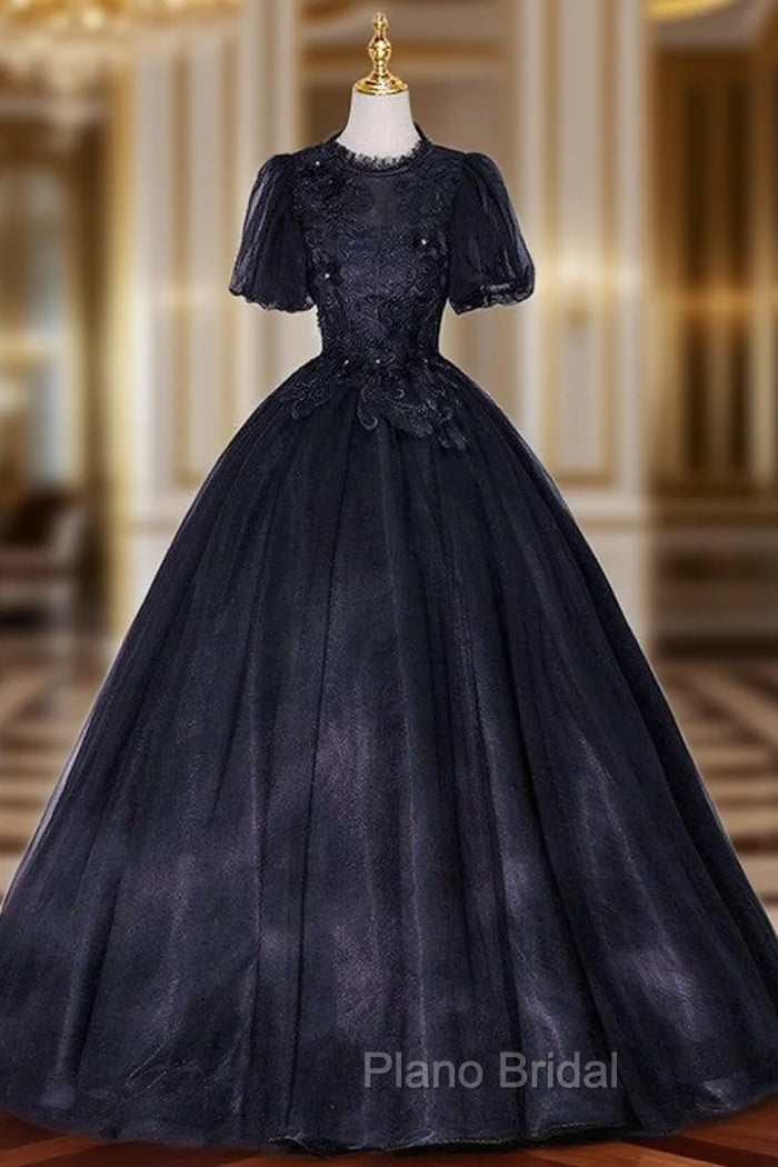 Black Tulle Puff Sleeve Backless Appliques Quinceanera Dresses Main image