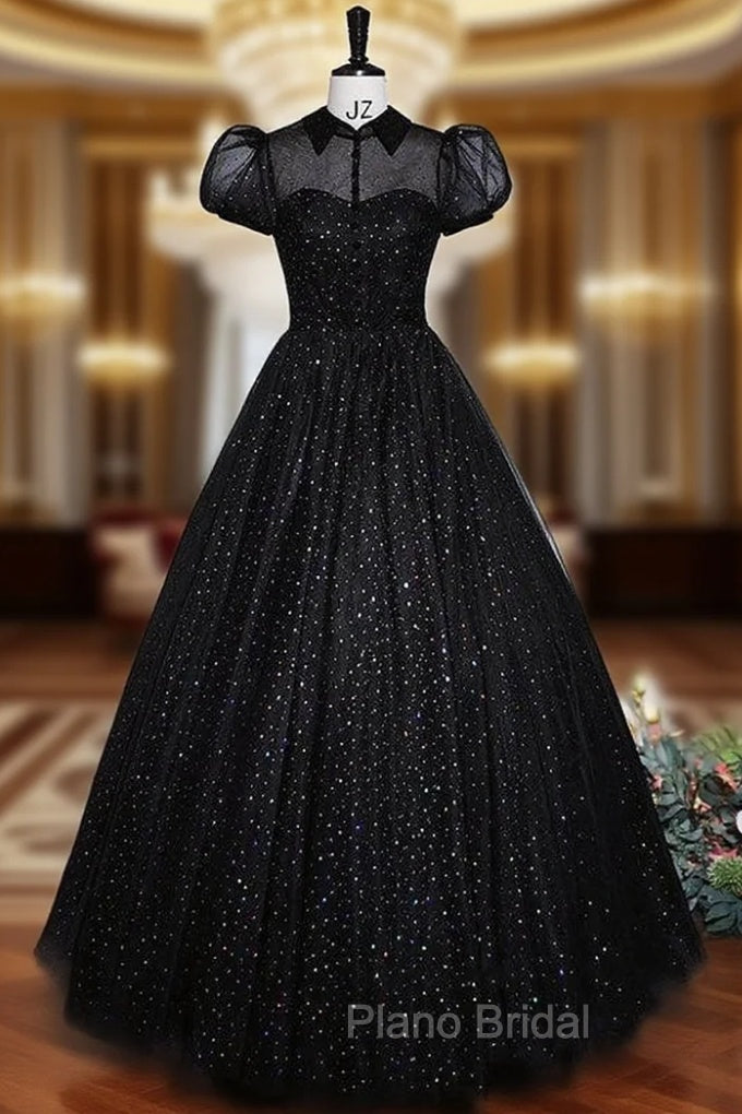 Black Tulle Puff Sleeve Formal Prom Dresses Main image