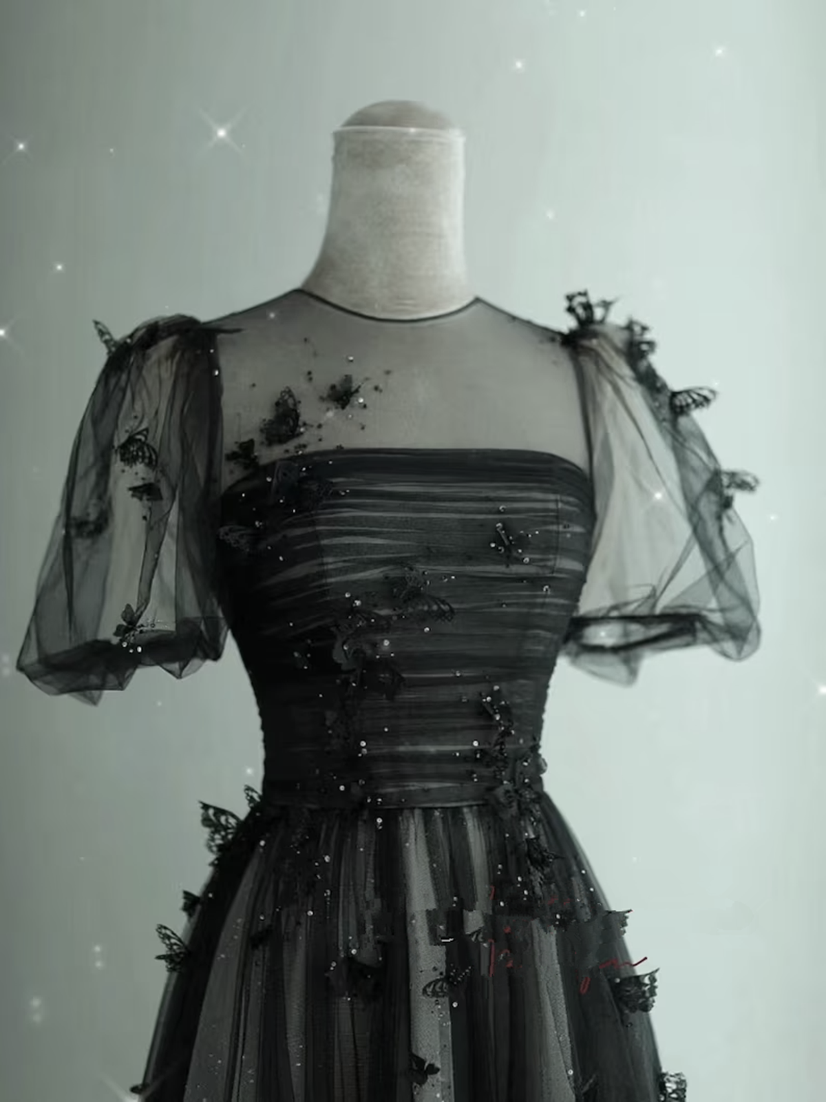 Black Tulle Puffy Short Sleeves A-Line Formal Prom Dresses, Black Formal Evening Dresses Party Dresses