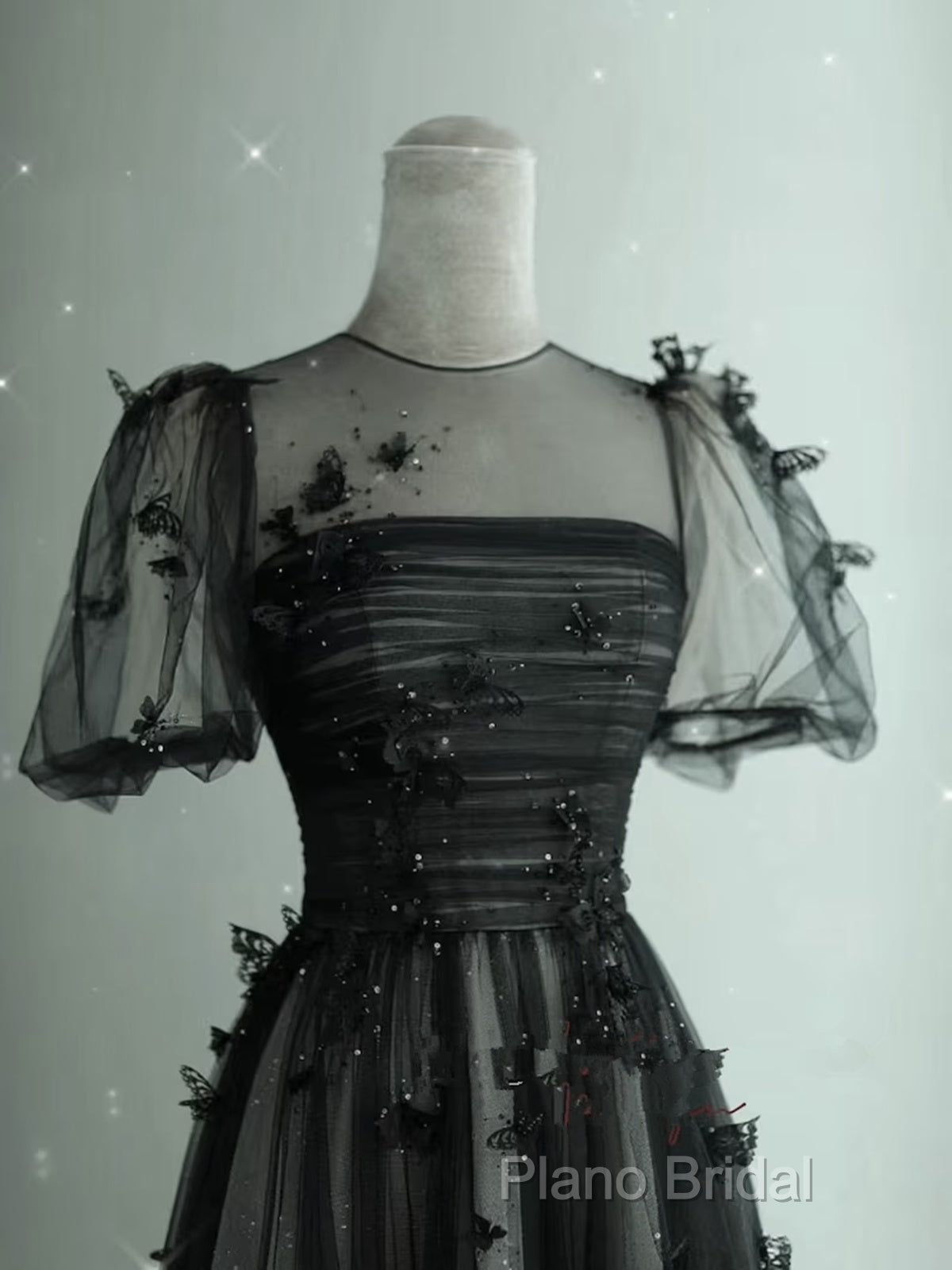 Black Tulle Puffy Short Sleeves A-Line Formal Prom Dresses, Black Formal Dresses Party Dresses Secondary image