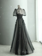 Black Tulle Puffy Short Sleeves A-Line Formal Prom Dresses, Black Formal Dresses Party Dresses