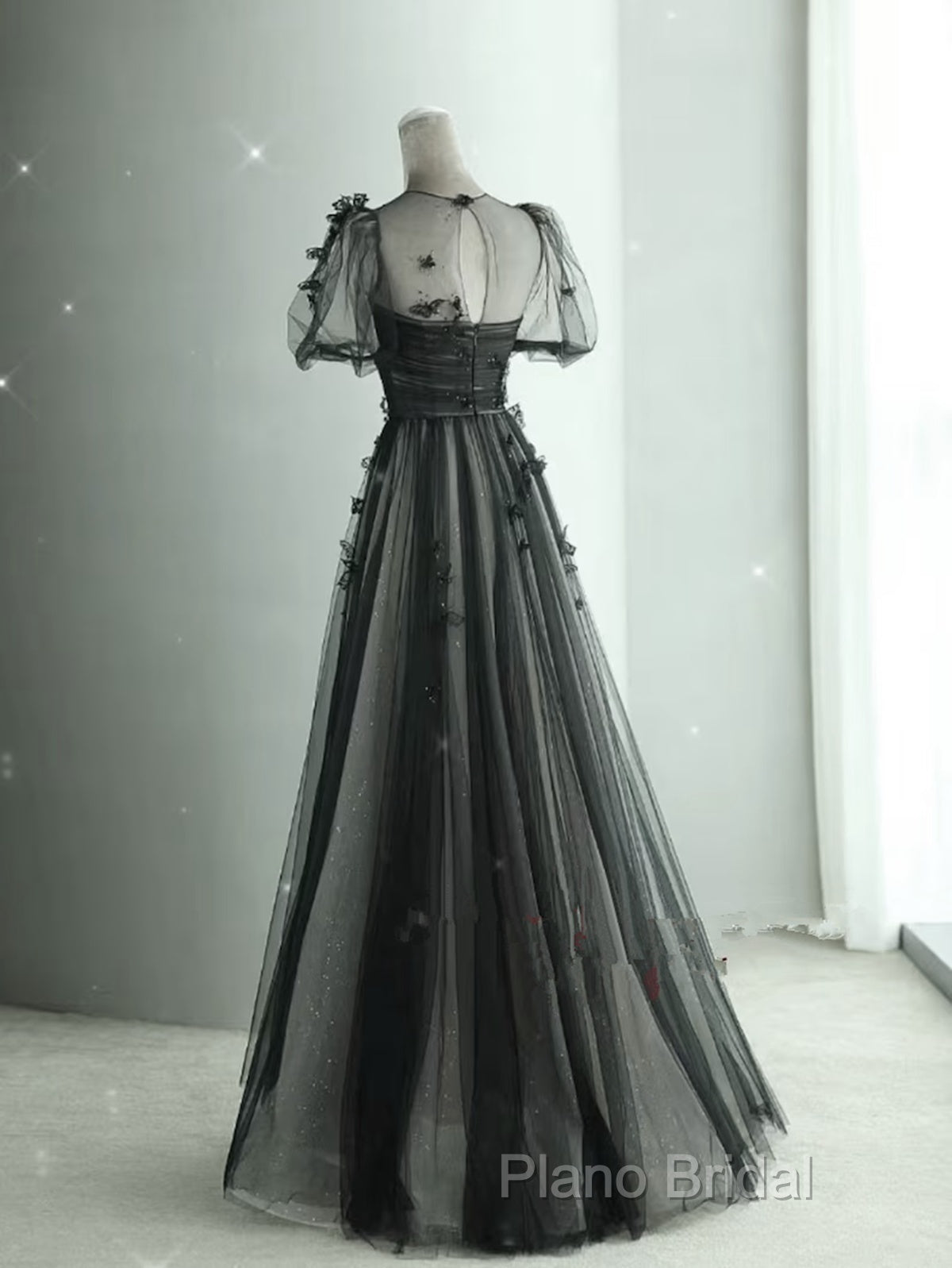 Black Tulle Puffy Short Sleeves A-Line Formal Prom Dresses, Black Formal Dresses Party Dresses