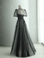 Black Tulle Puffy Short Sleeves A-Line Formal Prom Dresses, Black Formal Evening Dresses Party Dresses