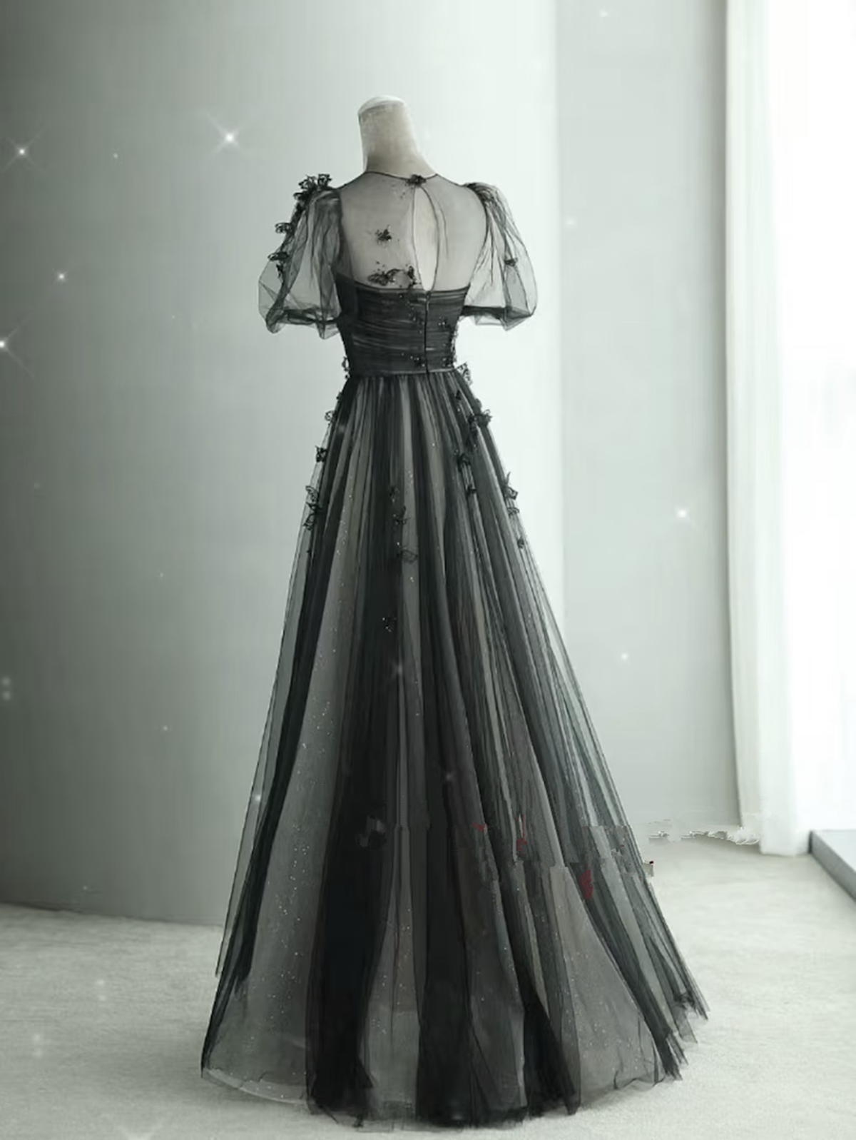 Black Tulle Puffy Short Sleeves A-Line Formal Prom Dresses, Black Formal Evening Dresses Party Dresses