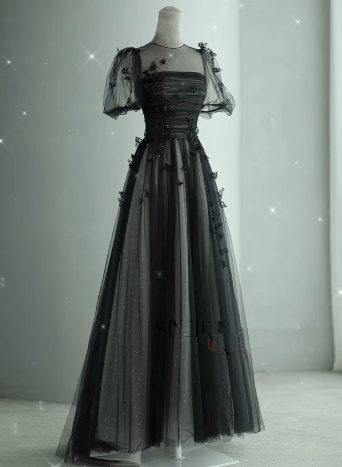 Black Tulle Puffy Short Sleeves A-Line Formal Prom Dresses, Black Formal Evening Dresses Party Dresses