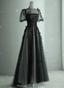 Black Tulle Puffy Short Sleeves A-Line Formal Prom Dresses, Black Formal Evening Dresses Party Dresses