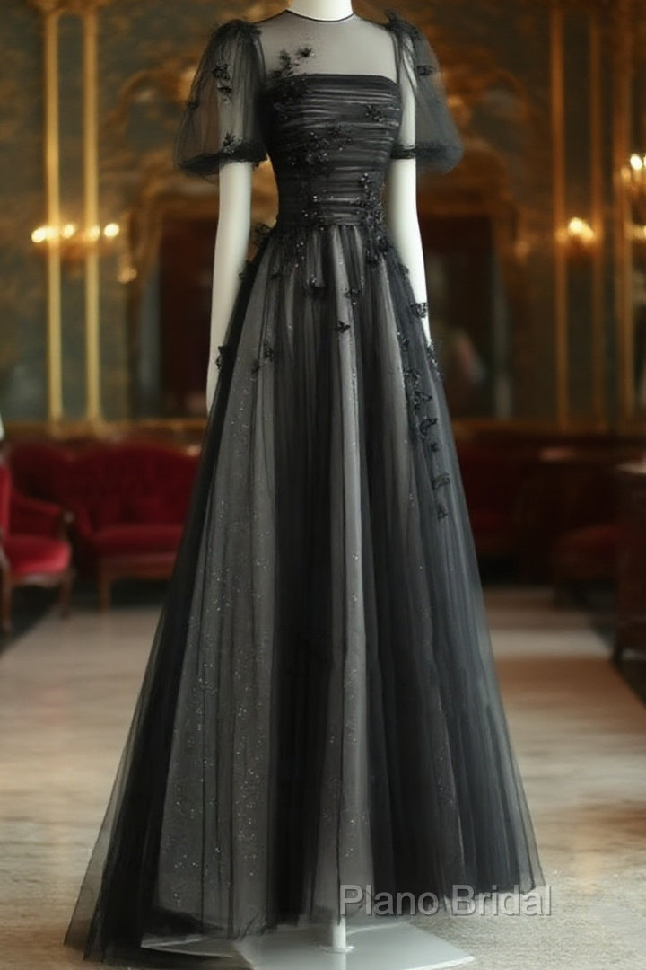 Black Tulle Puffy Short Sleeves A-Line Formal Prom Dresses, Black Formal Dresses Party Dresses Main image