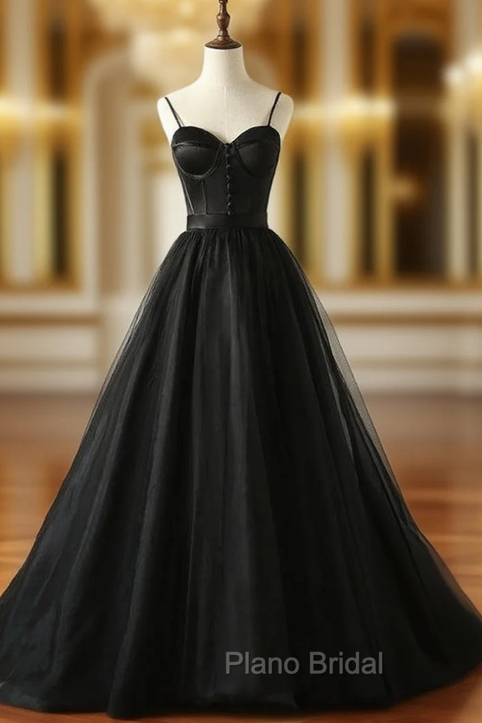 Black Tulle Satin Spaghetti Straps Button Formal Prom Dresses Main image